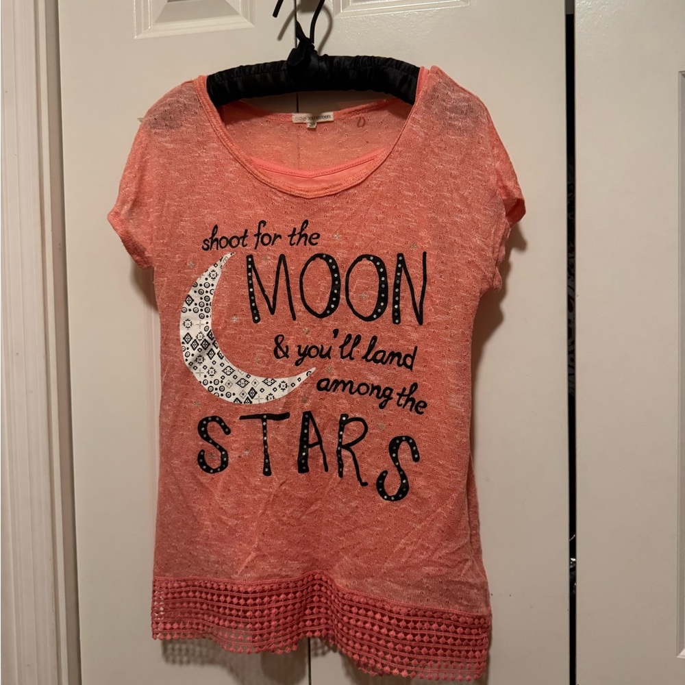 Self Esteem Girls 14/16 Coral Moon Graphic Short Sleeve Crochet Lace Top Cami